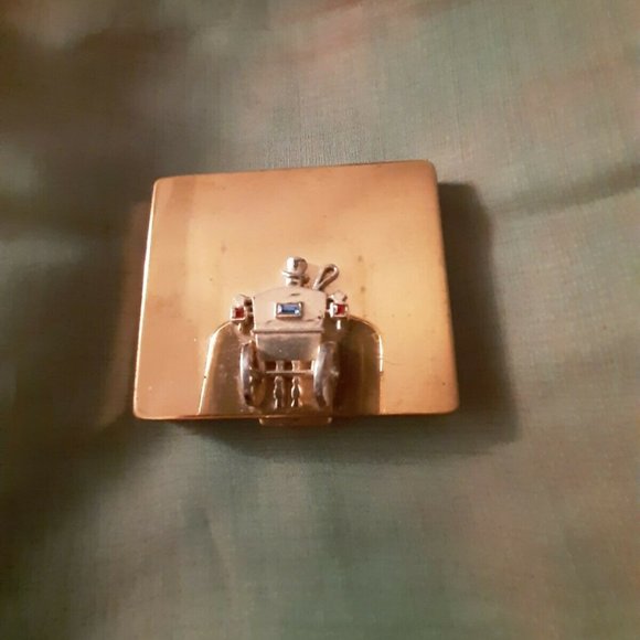 Vintage signed Classic FLATO square compact mirror gold Jewelled Carriage 40s - Picture 1 of 4